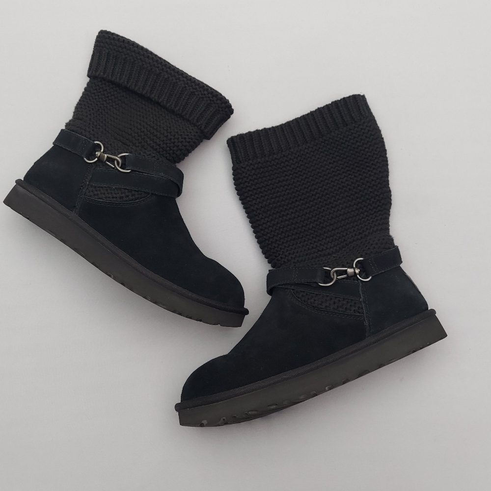 UGG Purl Strap Boots Size 9 Women's Black Suede Knit Convertible Cuff